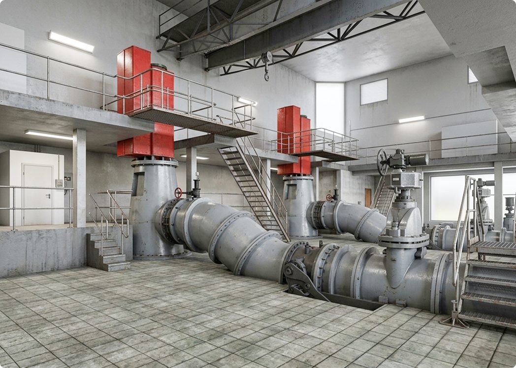 Pump station interior with pumps and pipework